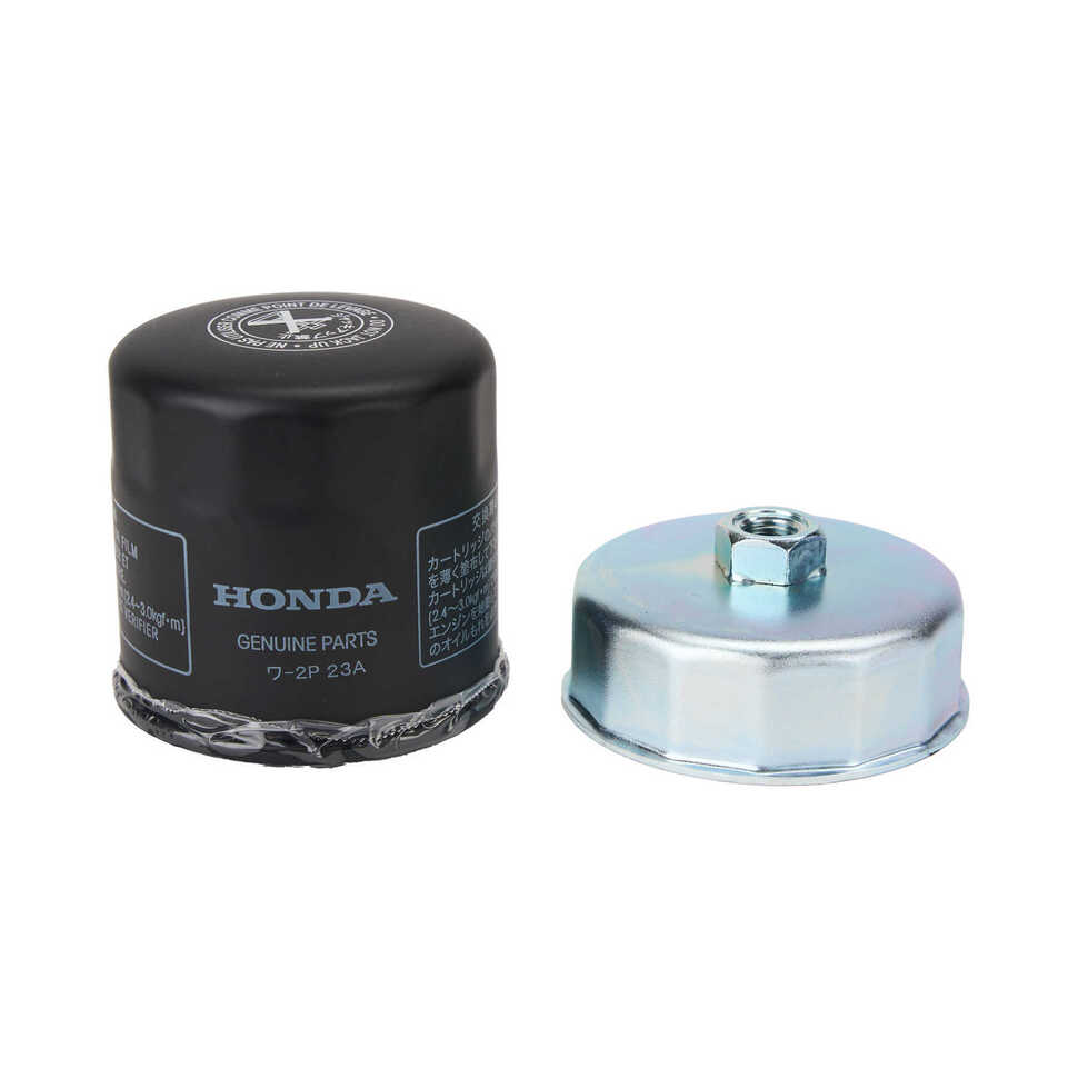 foto van een honda oliefilter en oliefilter dop voor het uitvoeren van een oliebeurt.
