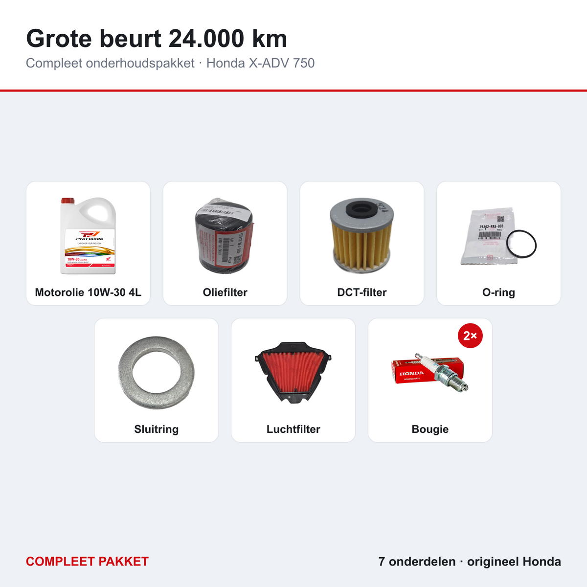Grote beurt 24.000 km Honda X-ADV 750 – inhoud: olie, filters, O-ring, sluitring, luchtfilter en 2 bougies