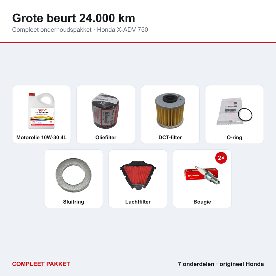 Grote beurt 24.000 km Honda X-ADV 750 – inhoud: olie, filters, O-ring, sluitring, luchtfilter en 2 bougies