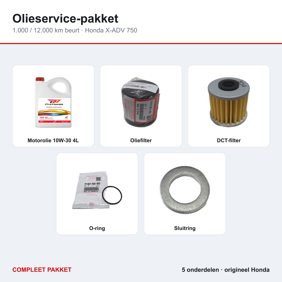 Olieservice-pakket Honda X-ADV 750 – inhoud: motorolie, oliefilter, DCT-filter, O-ring en sluitring